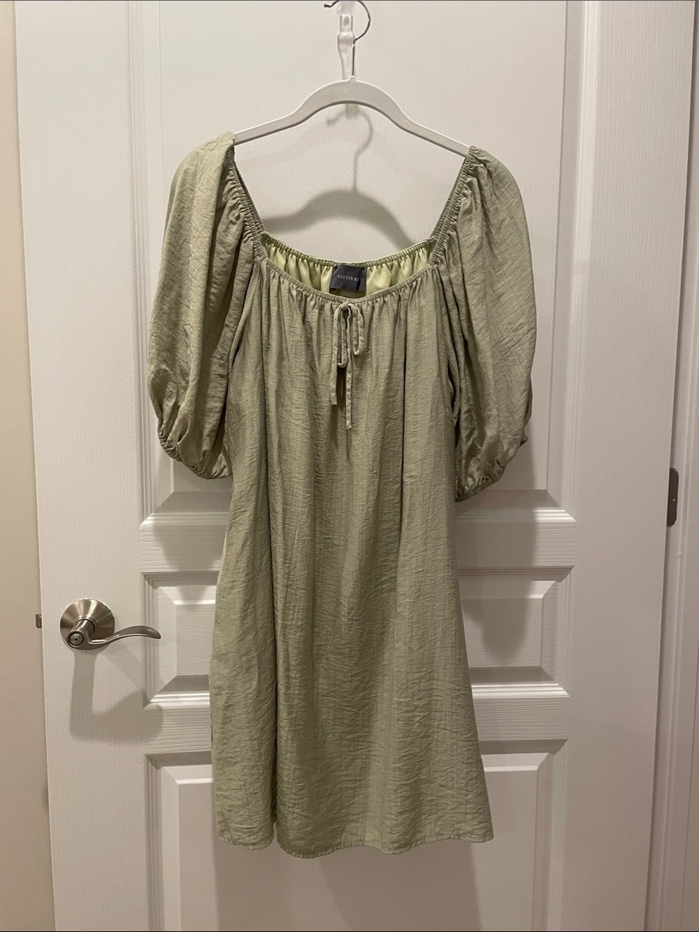Puff-Sleeve Sage Green Mini Dress with Tie Front